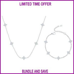 18K Gold Plated Cubic Zirconia Clover Necklace Bracelet Set